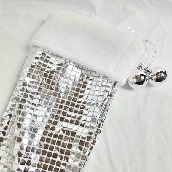 Silver Sequin Christmas Stocking White Faux Fur Top - Picture 2 of 4